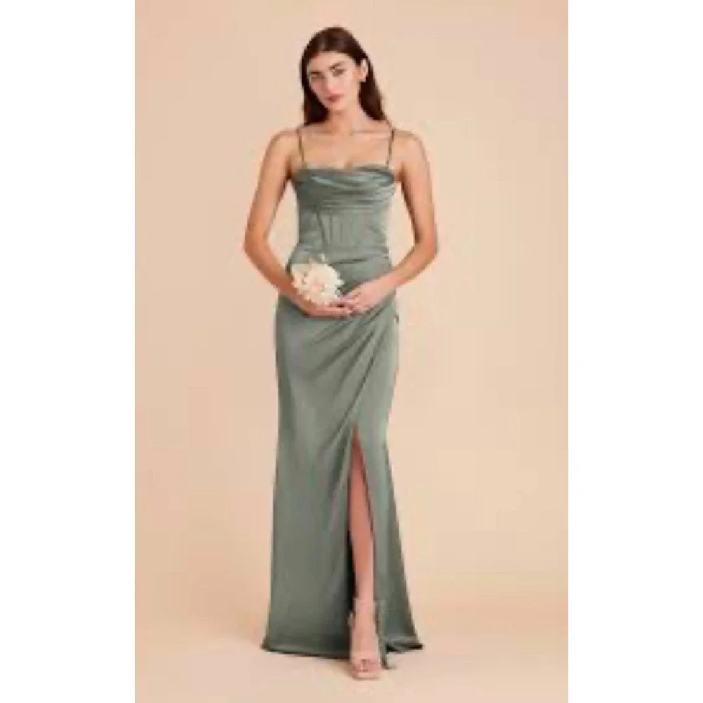NWT Birdy Grey Carrie Matte Satin Dress Sage Green Corset Cowl Neck Gown Small